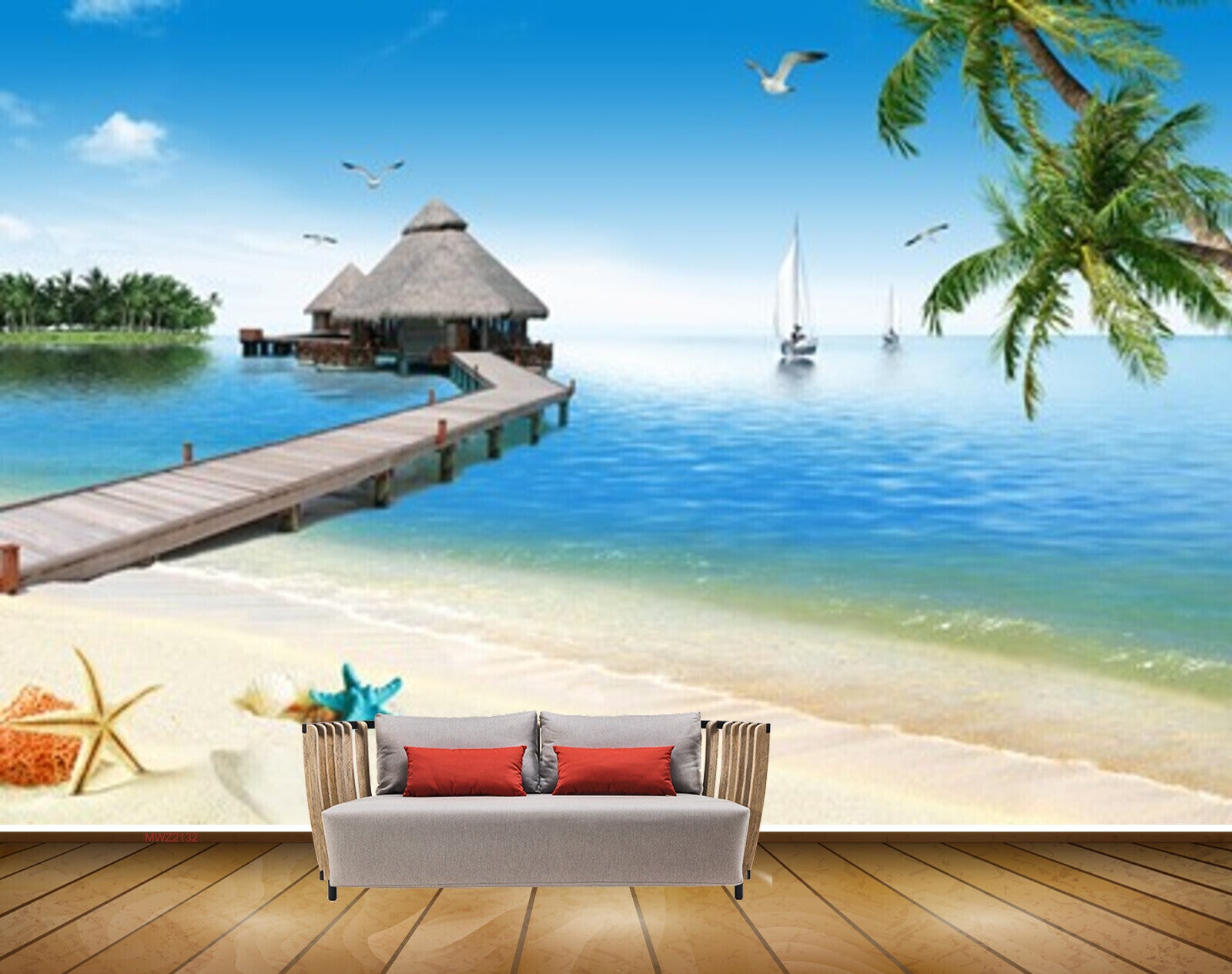 Avikalp MWZ2132 Beach Starfishes Wooden Bridge Birds Trees Resort Water HD Wallpaper