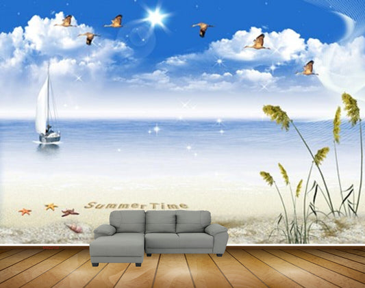 Avikalp MWZ2133 Sea Birds Starfishes Shells Plants Sun Beach Boat Water  HD Wallpaper