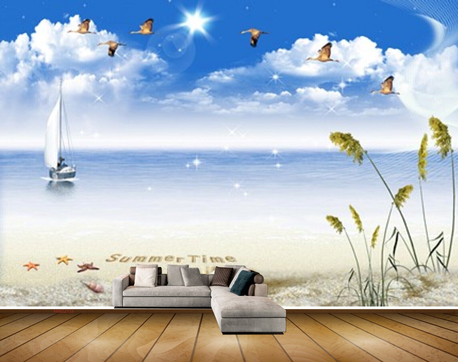 Avikalp MWZ2133 Sea Birds Starfishes Shells Plants Sun Beach Boat Water  HD Wallpaper