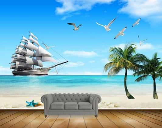 Avikalp MWZ2136 Sea Ship Trees Birds Starfishes Shells Island palm Ocean Water HD Wallpaper