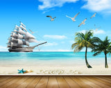 Avikalp MWZ2136 Sea Ship Trees Birds Starfishes Shells Island palm Ocean Water HD Wallpaper