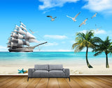 Avikalp MWZ2136 Sea Ship Trees Birds Starfishes Shells Island palm Ocean Water HD Wallpaper