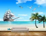 Avikalp MWZ2136 Sea Ship Trees Birds Starfishes Shells Island palm Ocean Water HD Wallpaper
