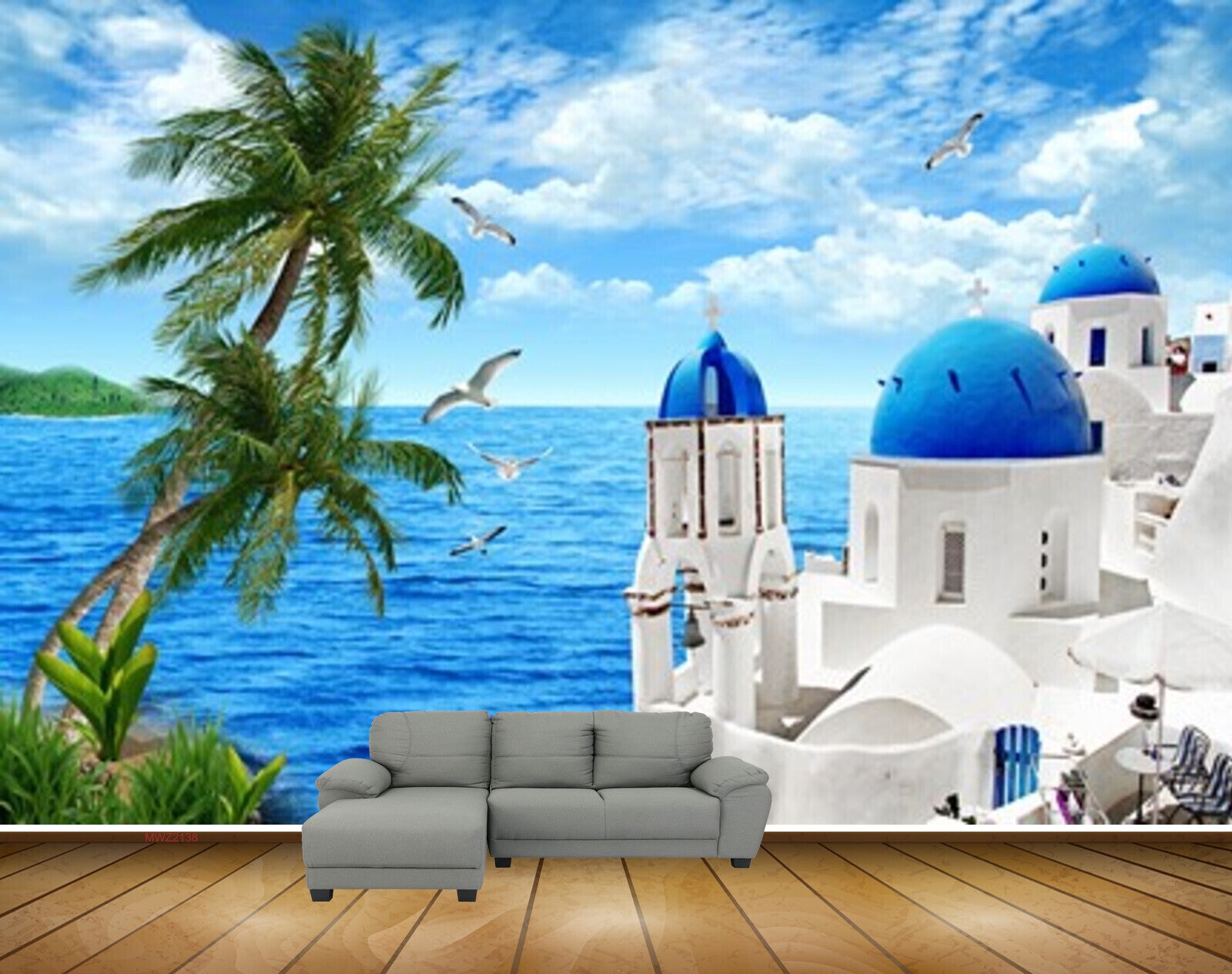 Avikalp MWZ2138 Trees Birds Building Sea Chairs Greece Santorini Travel City HD Wallpaper