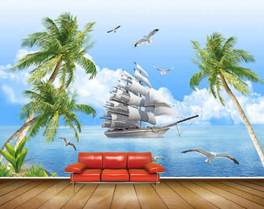 Avikalp MWZ2140 Sea Boat Coconu Trees Birds Clouds Water Ocean HD Wallpaper