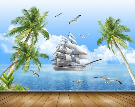 Avikalp MWZ2140 Sea Boat Coconu Trees Birds Clouds Water Ocean HD Wallpaper