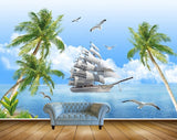 Avikalp MWZ2140 Sea Boat Coconu Trees Birds Clouds Water Ocean HD Wallpaper