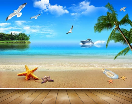 Avikalp MWZ2155 Beach Starfishes Birds Ship Trees Starfish Island Sand Sea Water Ocean HD Wallpaper