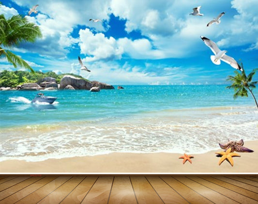 Avikalp MWZ2156 Beach Mountains Clouds Birds Trees Starfishes Sea Sand Water Ocean HD Wallpaper