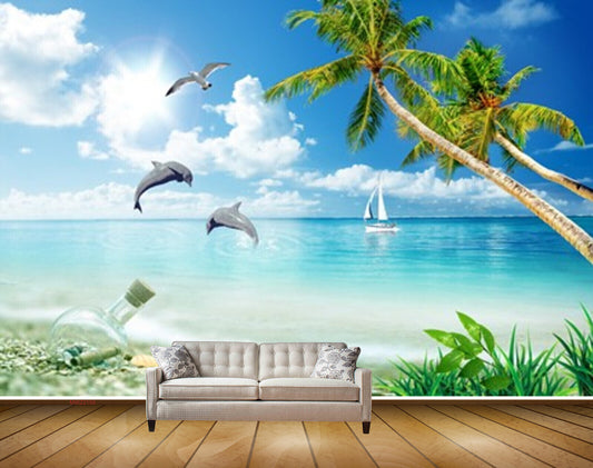 Avikalp MWZ2159 Sea Dolphins Trees Boats Bottle Grass Water Ocean Sun HD Wallpaper