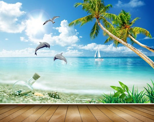 Avikalp MWZ2159 Sea Dolphins Trees Boats Bottle Grass Water Ocean Sun HD Wallpaper