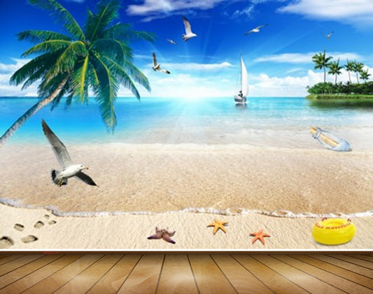 Avikalp MWZ2161 Sea Trees Birds Starfishes Bottle Boat Sun Light Beach Sand Water Ocean HD Wallpaper