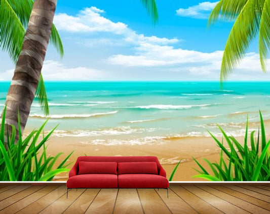 Avikalp MWZ2162 Sea Beach Coconuts Trees Plants Clouds Sand Water Ocean HD Wallpaper