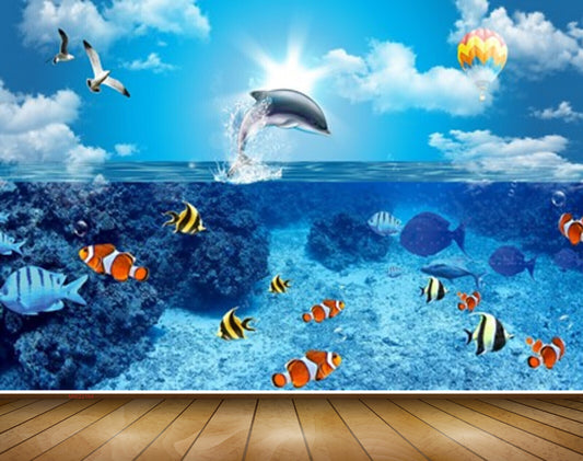 Avikalp MWZ2164 Sea Fishes Dolphins Air Balloon Birds Sun Water Ocean HD Wallpaper