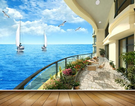 Avikalp MWZ2165 Beach Boats Birds House Plants Chairs Water Ocean HD Wallpaper