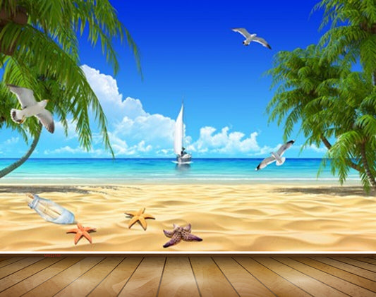 Avikalp MWZ2169 Beach Sea Starfish Trees Birds Sailboat Bottle Sand Water Ocean Island HD Wallpaper