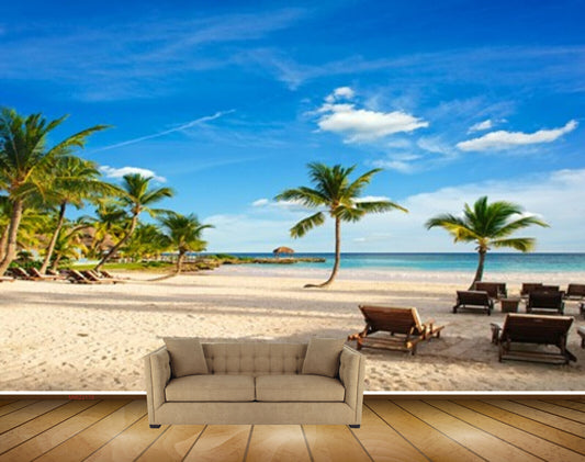 Avikalp MWZ2170 Beach Chairs Coconut Trees Clouds Sea Sand Water Ocean Island HD Wallpaper