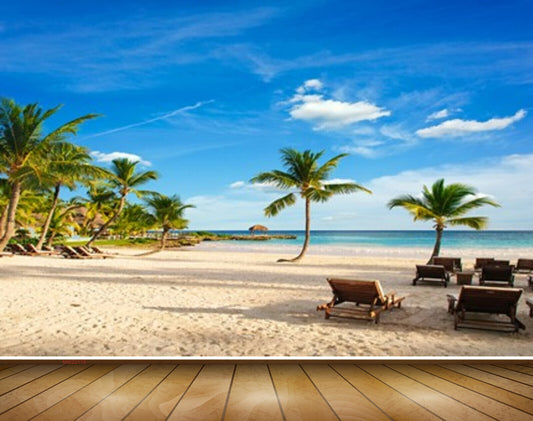 Avikalp MWZ2170 Beach Chairs Coconut Trees Clouds Sea Sand Water Ocean Island HD Wallpaper