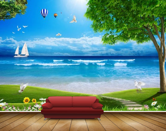 Avikalp MWZ2171 Sea Beach Birds Trees Air Ballon Flowers Grass Boat Water Ocean Island HD Wallpaper