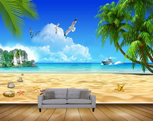 Avikalp MWZ2172 Beach Trees Birds Starfishes Stones Boat Clouds Sea Mountain Sand Water Ocean Island HD Wallpaper