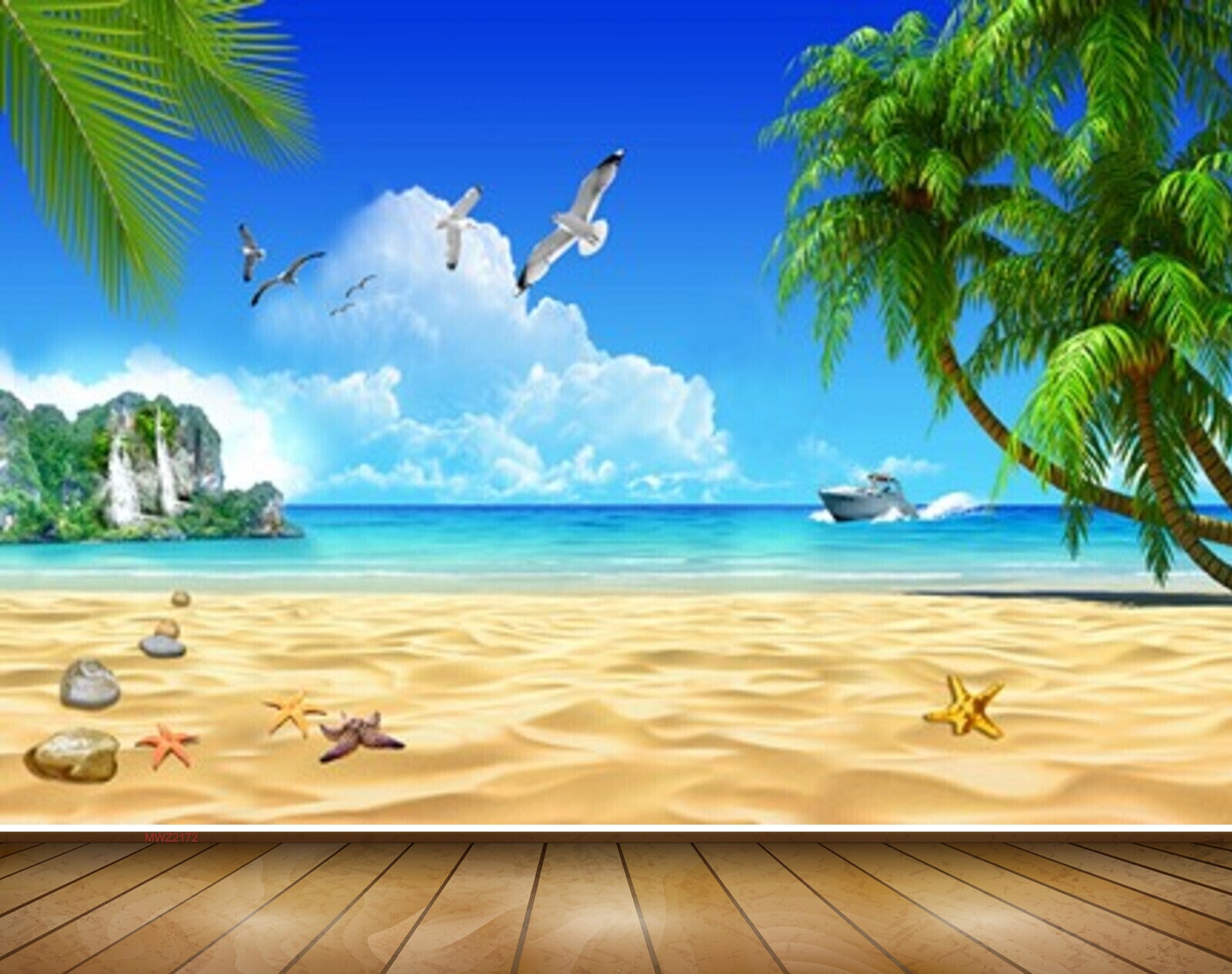 Avikalp MWZ2172 Beach Trees Birds Starfishes Stones Boat Clouds