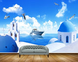 Avikalp MWZ2173 Blue Sea Clouds Birds Building Boat Water Ocean Greece Santorini HD Wallpaper