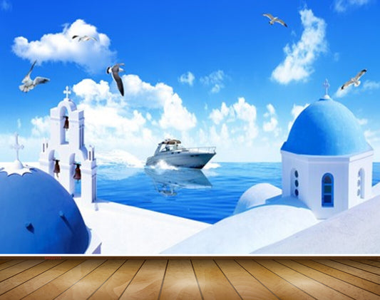Avikalp MWZ2173 Blue Sea Clouds Birds Building Boat Water Ocean Greece Santorini HD Wallpaper