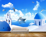 Avikalp MWZ2173 Blue Sea Clouds Birds Building Boat Water Ocean Greece Santorini HD Wallpaper