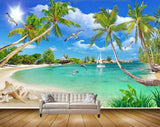 Avikalp MWZ2175 Trees Beach Starfishes Shells Dolphins Birds Boat Sun Hut Sand Water Ocean Island HD Wallpaper