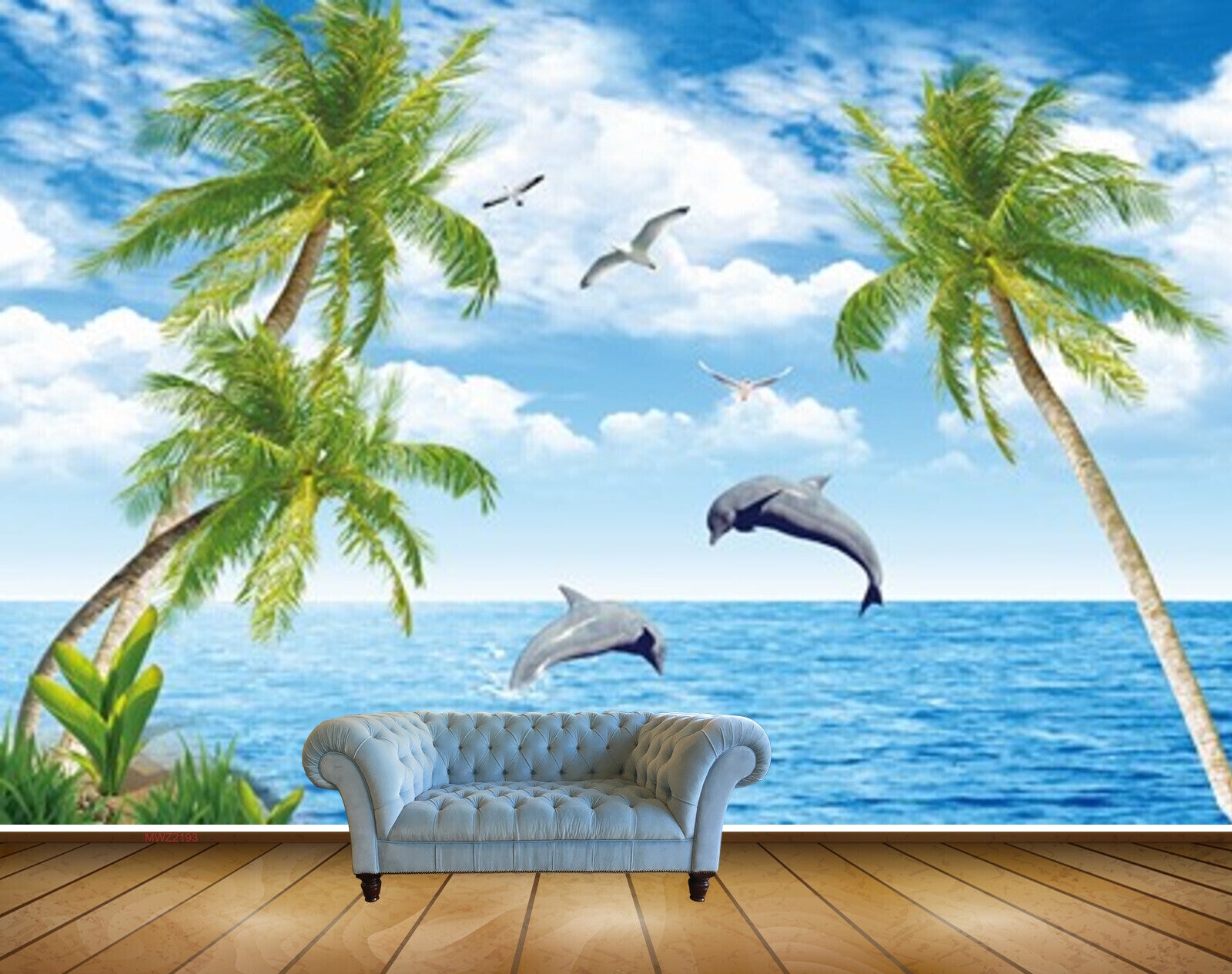 Avikalp MWZ2193 Sea Coconut Tree Birds Clouds Dolphins Water Ocean HD Wallpaper