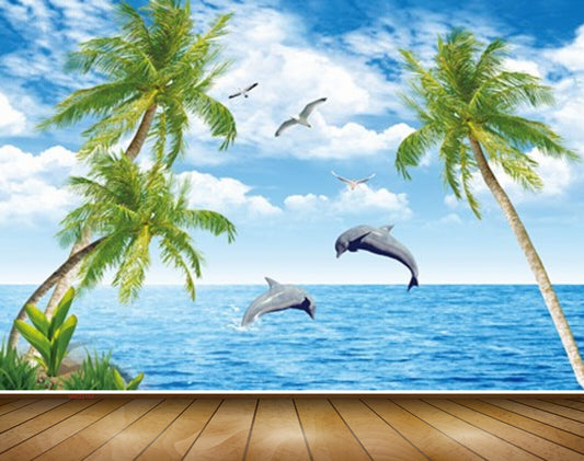 Avikalp MWZ2193 Sea Coconut Tree Birds Clouds Dolphins Water Ocean HD Wallpaper