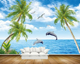 Avikalp MWZ2193 Sea Coconut Tree Birds Clouds Dolphins Water Ocean HD Wallpaper