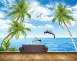 Avikalp MWZ2193 Sea Coconut Tree Birds Clouds Dolphins Water Ocean HD Wallpaper