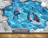Avikalp MWZ2219 Blue Sea Crack Walls Dolphins Water HD Wallpaper