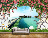 Avikalp MWZ2225 Red Rose Flowers Plants Resort Bridge Grass Hut Water Ocean HD Wallpaper