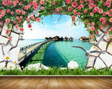 Avikalp MWZ2225 Red Rose Flowers Plants Resort Bridge Grass Hut Water Ocean HD Wallpaper