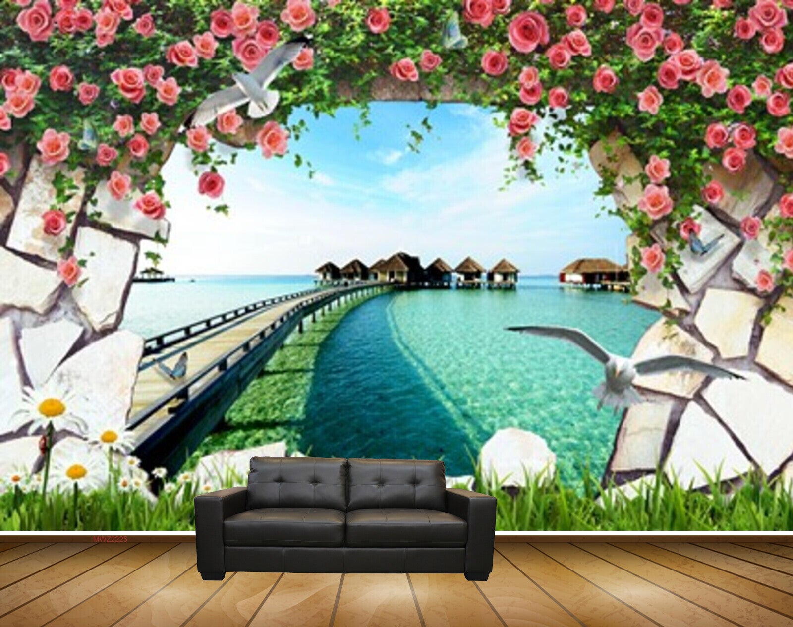 Avikalp MWZ2225 Red Rose Flowers Plants Resort Bridge Grass Hut Water Ocean HD Wallpaper