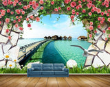 Avikalp MWZ2225 Red Rose Flowers Plants Resort Bridge Grass Hut Water Ocean HD Wallpaper