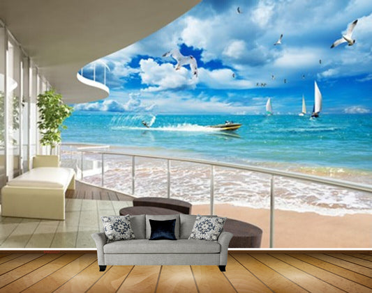 Avikalp MWZ2227 Beach Boat Building Birds Chairs House Tree Sea Water Ocean HD Wallpaper