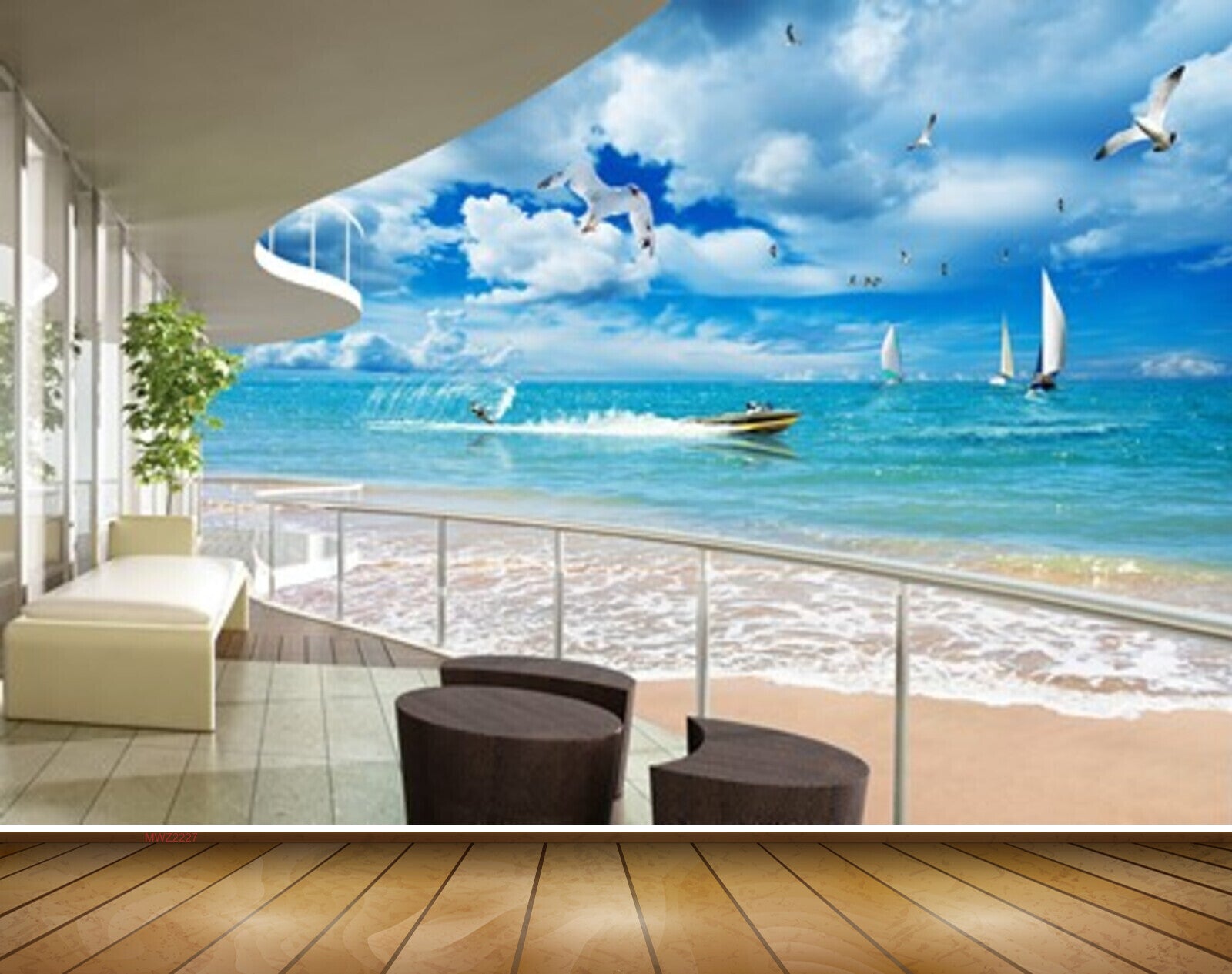 Avikalp MWZ2227 Beach Boat Building Birds Chairs House Tree Sea Water Ocean HD Wallpaper