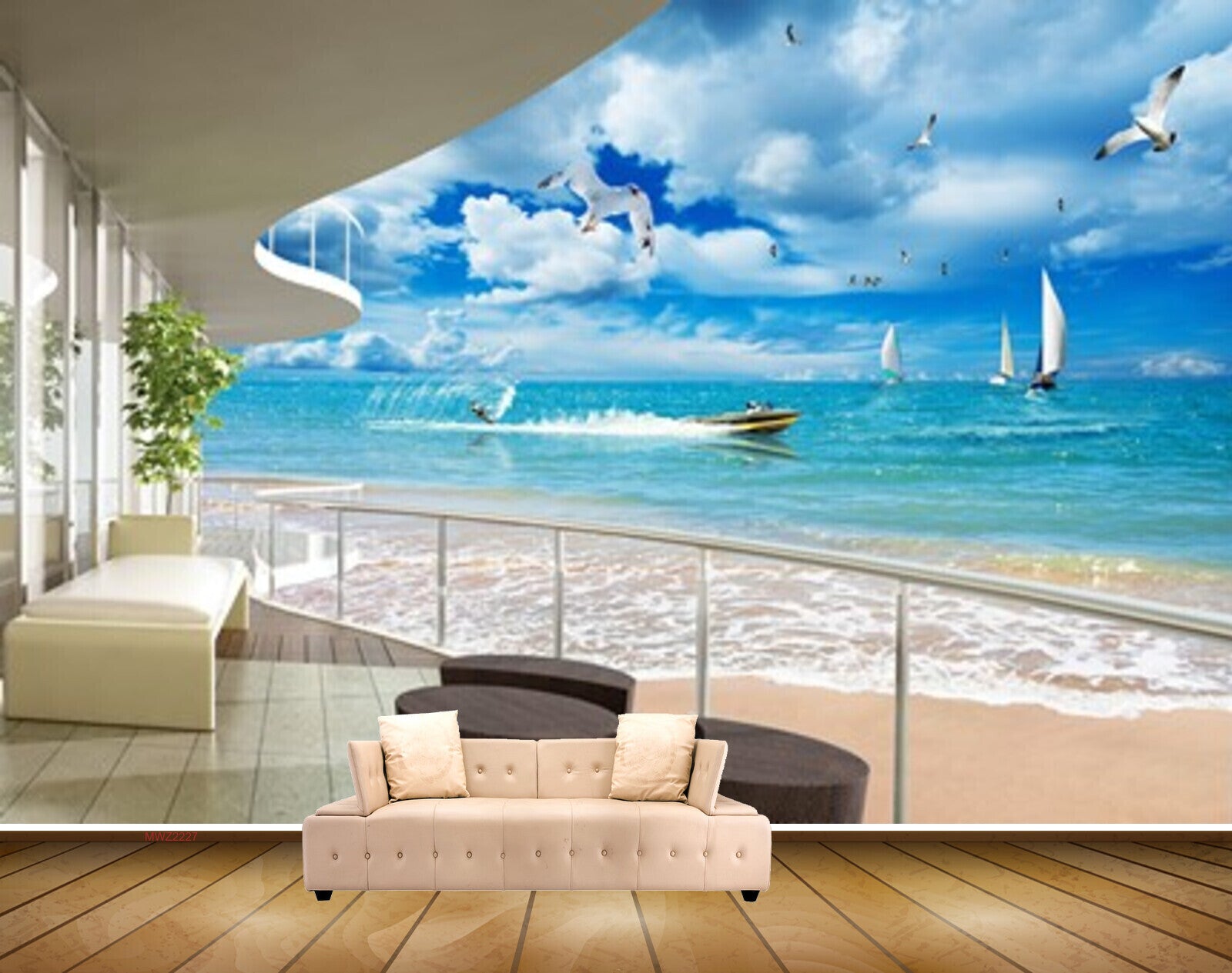 Avikalp MWZ2227 Beach Boat Building Birds Chairs House Tree Sea Water Ocean HD Wallpaper