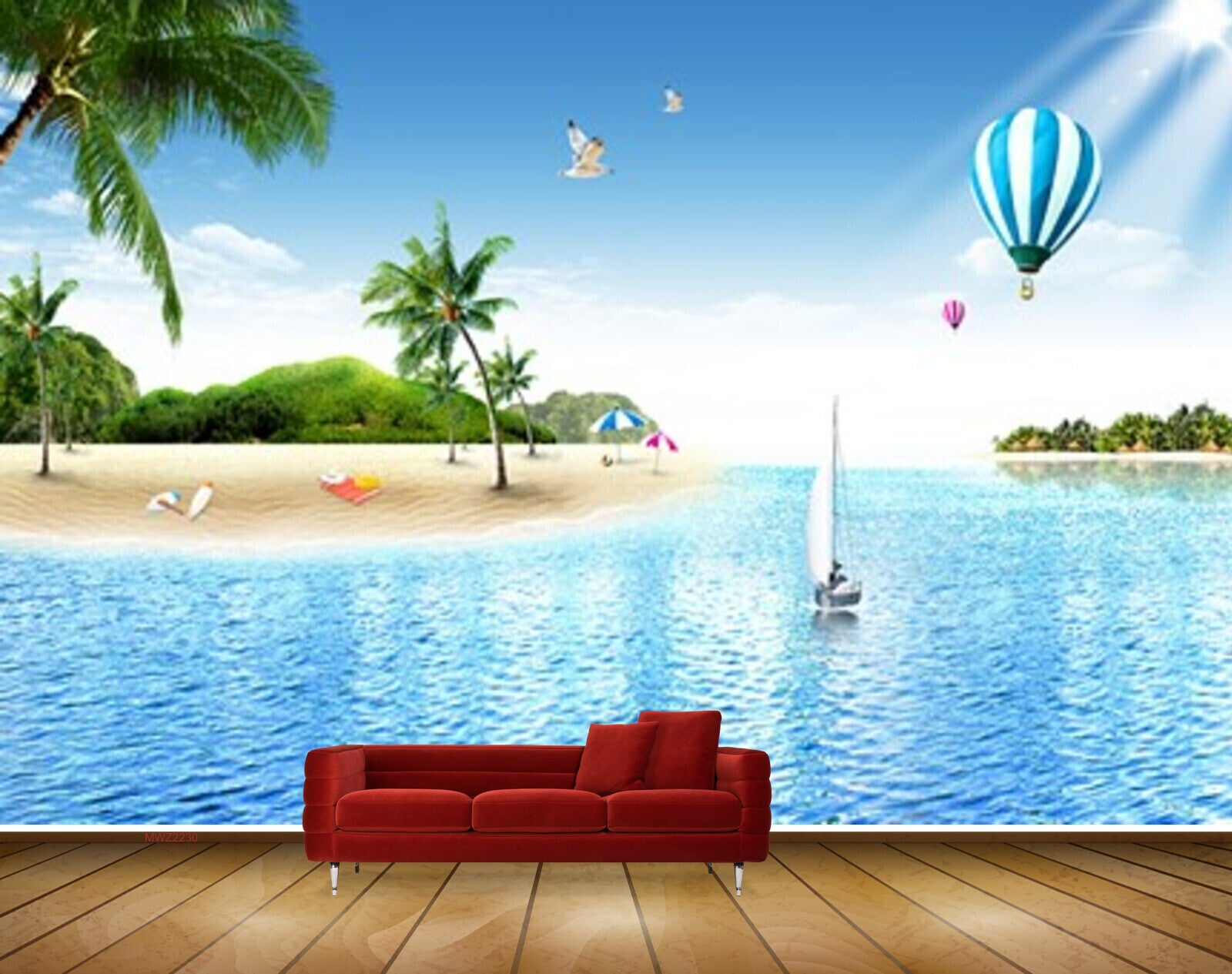 Avikalp MWZ2230 Beach Trees Airballon Boat Sea Island Sun Light Umbrella Water Ocean HD Wallpaper