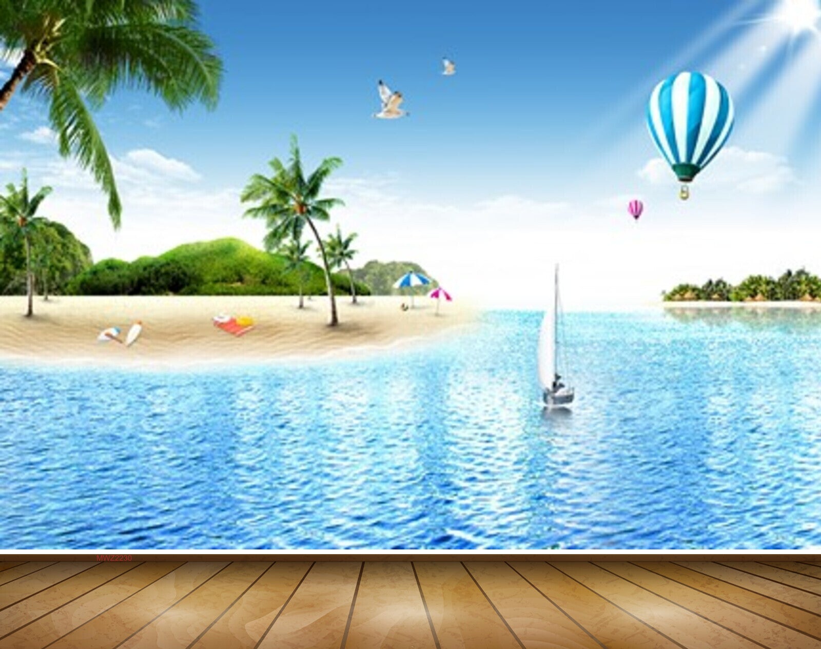 Avikalp MWZ2230 Beach Trees Airballon Boat Sea Island Sun Light Umbrella Water Ocean HD Wallpaper