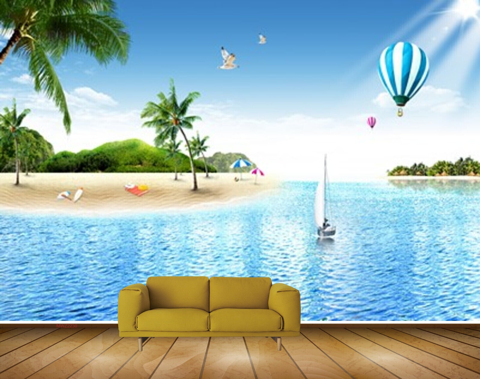 Avikalp MWZ2230 Beach Trees Airballon Boat Sea Island Sun Light Umbrella Water Ocean HD Wallpaper