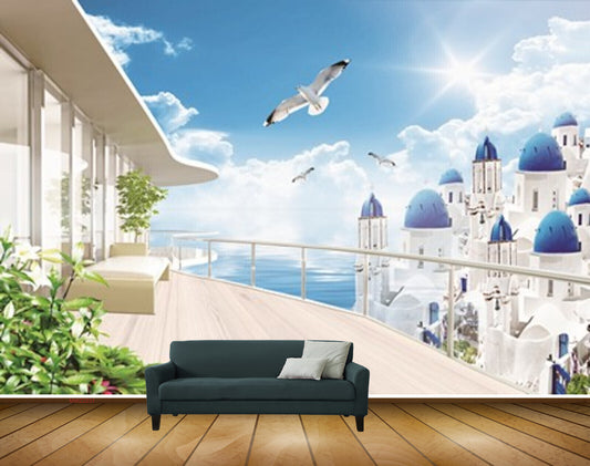 Avikalp MWZ2231 Sea Clouds Buildings Plants Birds Sun HD Wallpaper
