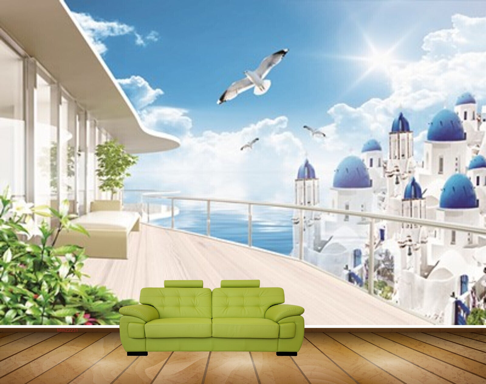 Avikalp MWZ2231 Sea Clouds Buildings Plants Birds Sun HD Wallpaper