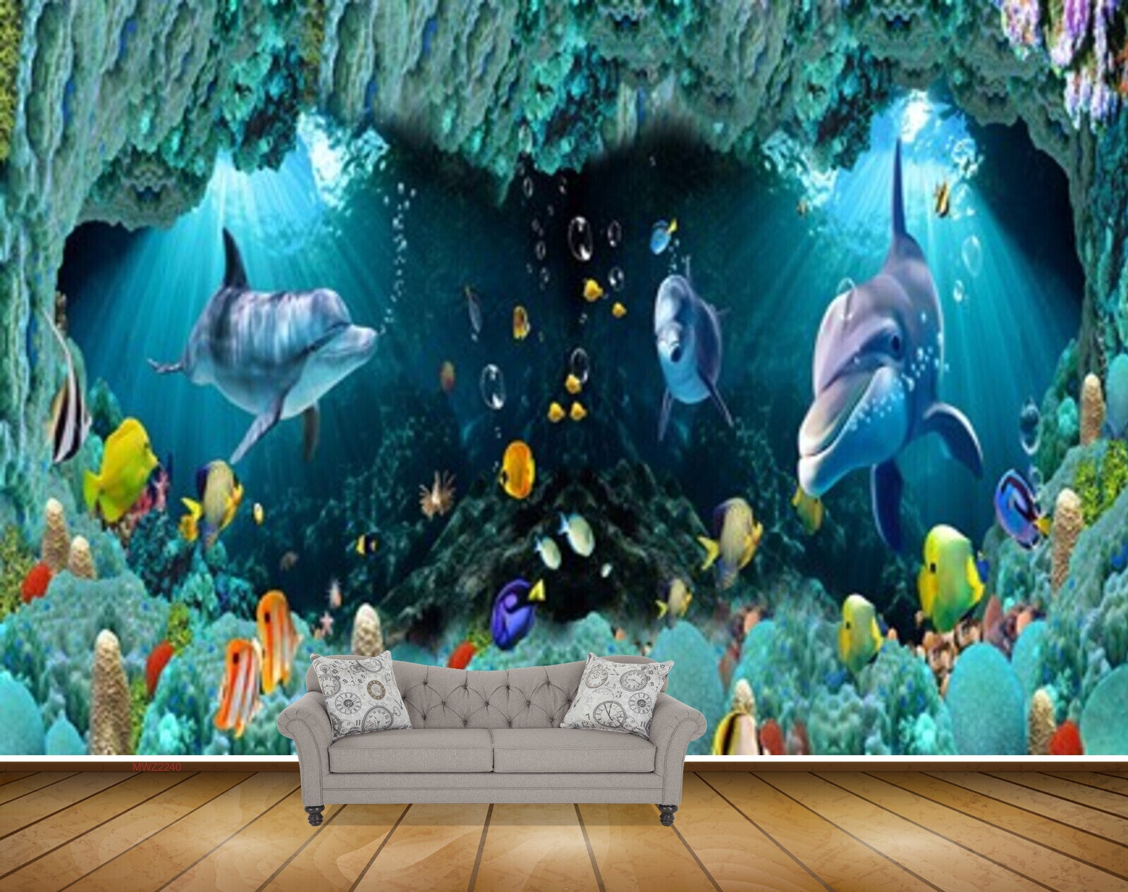 Avikalp MWZ2240 Sea Dolphins Fishes Stones Underwater Water Ocean HD Wallpaper