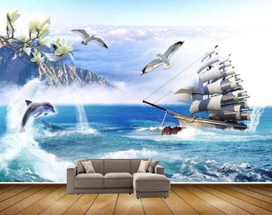 Avikalp MWZ2248 Sea Dolphins Ship Mountains Flowers Birds Water Ocean HD Wallpaper