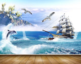 Avikalp MWZ2248 Sea Dolphins Ship Mountains Flowers Birds Water Ocean HD Wallpaper