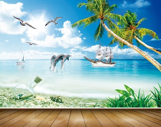 Avikalp MWZ2250 Dolphines Sea Beach Trees Boat Birds Plants Bottle Water Ocean HD Wallpaper